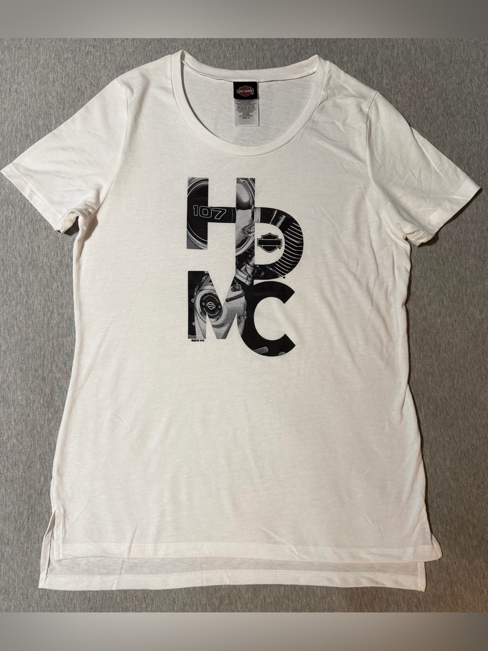 Women’s Harley-Davidson White Tee with Black H-DMC Collage Graphic Size S